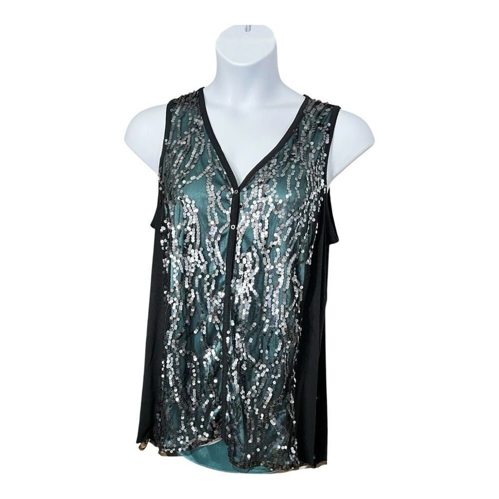 Simply Simply Vera Wang Silver Sequined Blue Sleeveless Tunic Size XL Hi-Low